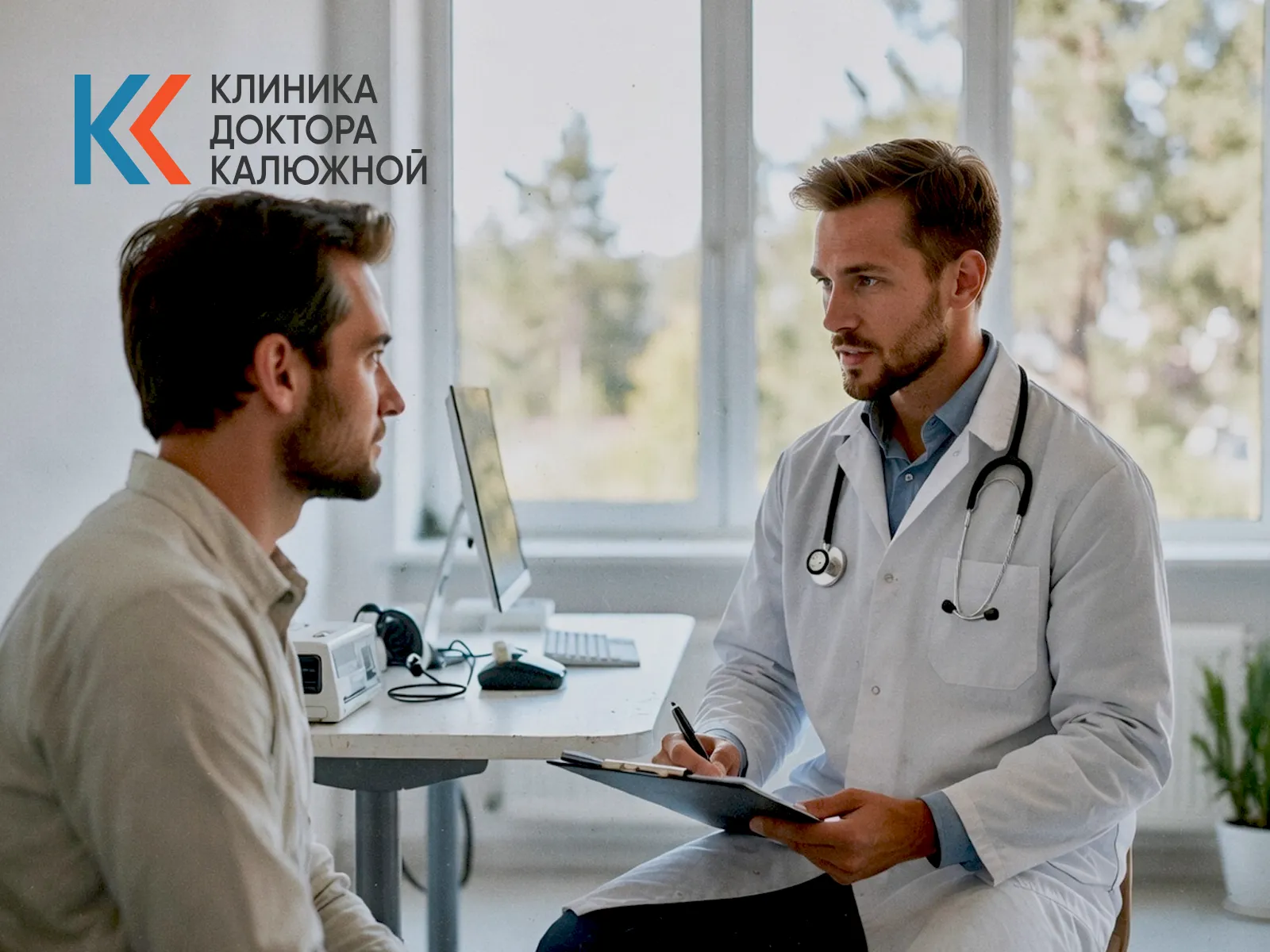 Пациент находится на приёме у врача-нарколога в светлом кабинете клиники в рамках амбулаторного лечения зависимости.