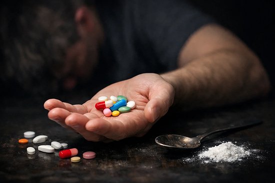 Мужчина лежит головой на столе рядом с препаратами